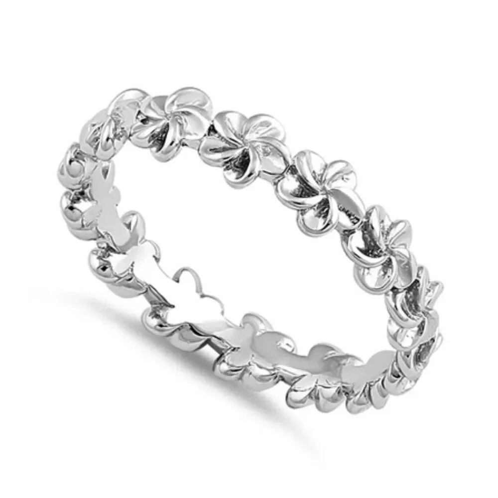 925 Sterling Silver Hawaiian Plumeria Flower Eternity Band Ring Stacking Floral